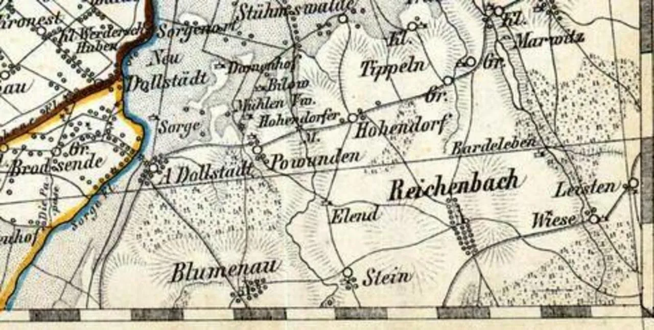 Blumenau oraz Mühlen Vw. Hohendorfer na jednej mapie z roku 1870