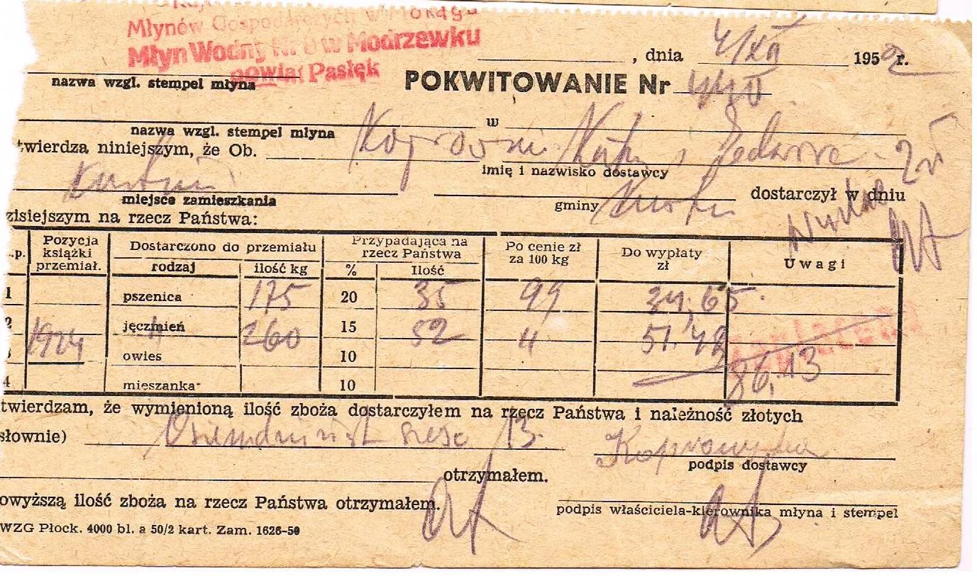 Kwit z przemiału zboża w Modrzewku w grudniu 1952 roku